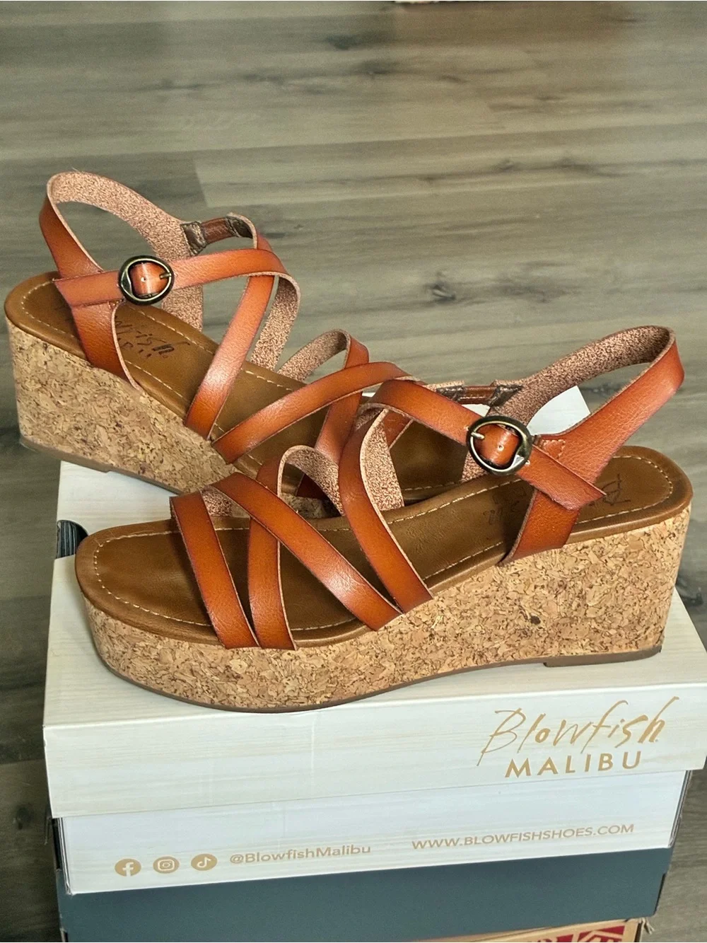 Blowfish Cognac Strappy Cork Wedge Sandals